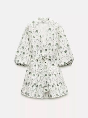 Zara White Dress with Green Palm Print